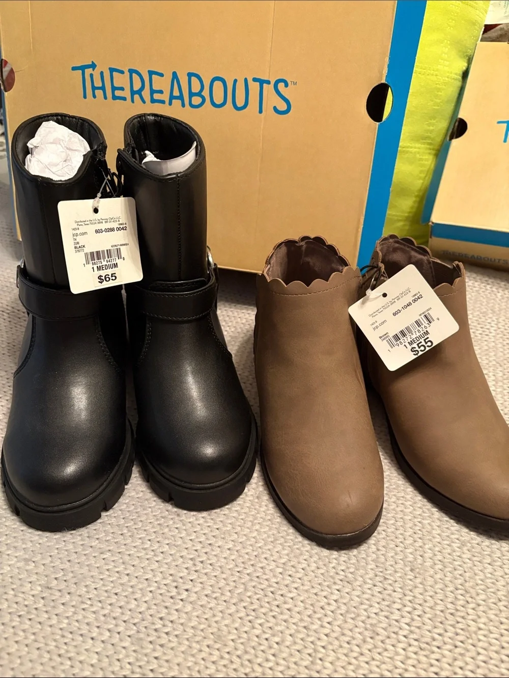 NWT 2 Pair Lot Thereabouts Girls Boots- Black Moto & Brown Booties Size 1 M